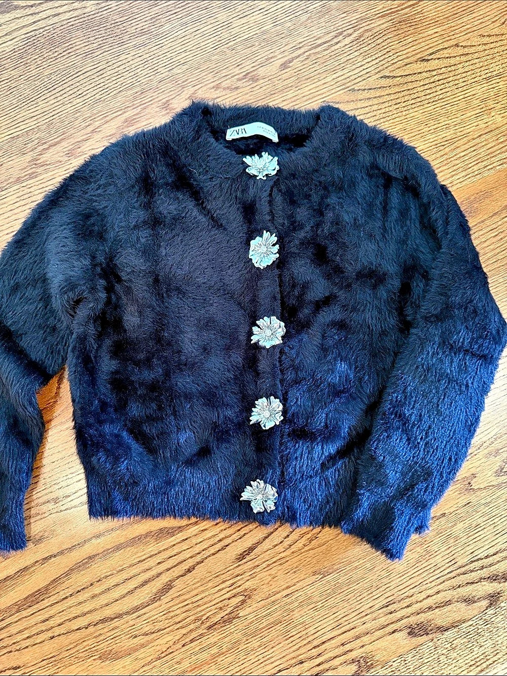 Zara Faux Fur Knit Cardigan with Flower Jewel Buttons Black Size Medium